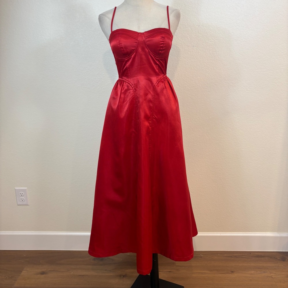 MABLE Bustier Midi Dress Womens S Red Satin A-Line Basque waist Cocktail Party - Picture 2 of 8